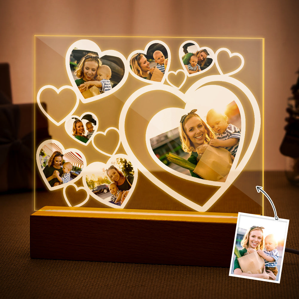 Personalised Multi-Photo Heart Lamp Night Light with Wooden Base