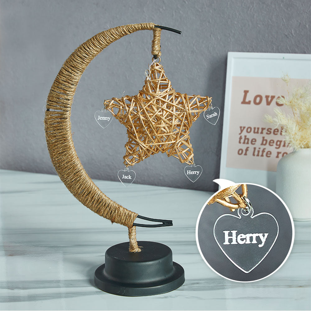 Personalised Engraved Name Night Light - Star & Moon Hemp Rope Decoration