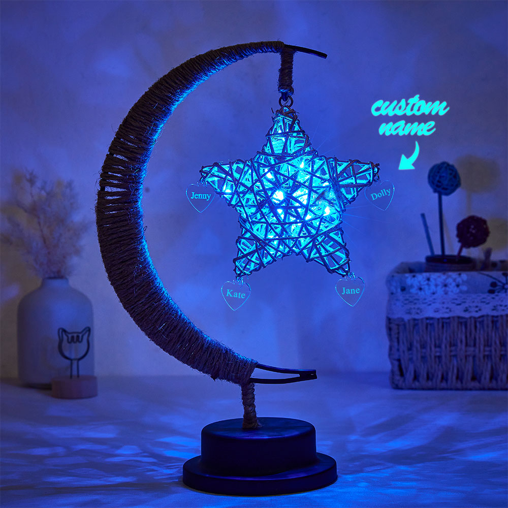 Personalised Engraved Name Night Light - Star & Moon Hemp Rope Decoration