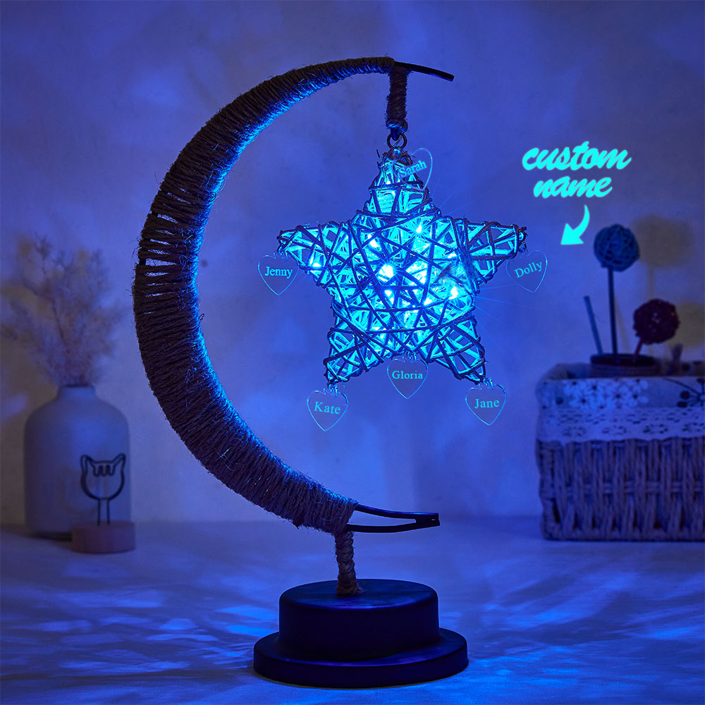 Personalised Engraved Name Night Light - Star & Moon Hemp Rope Decoration