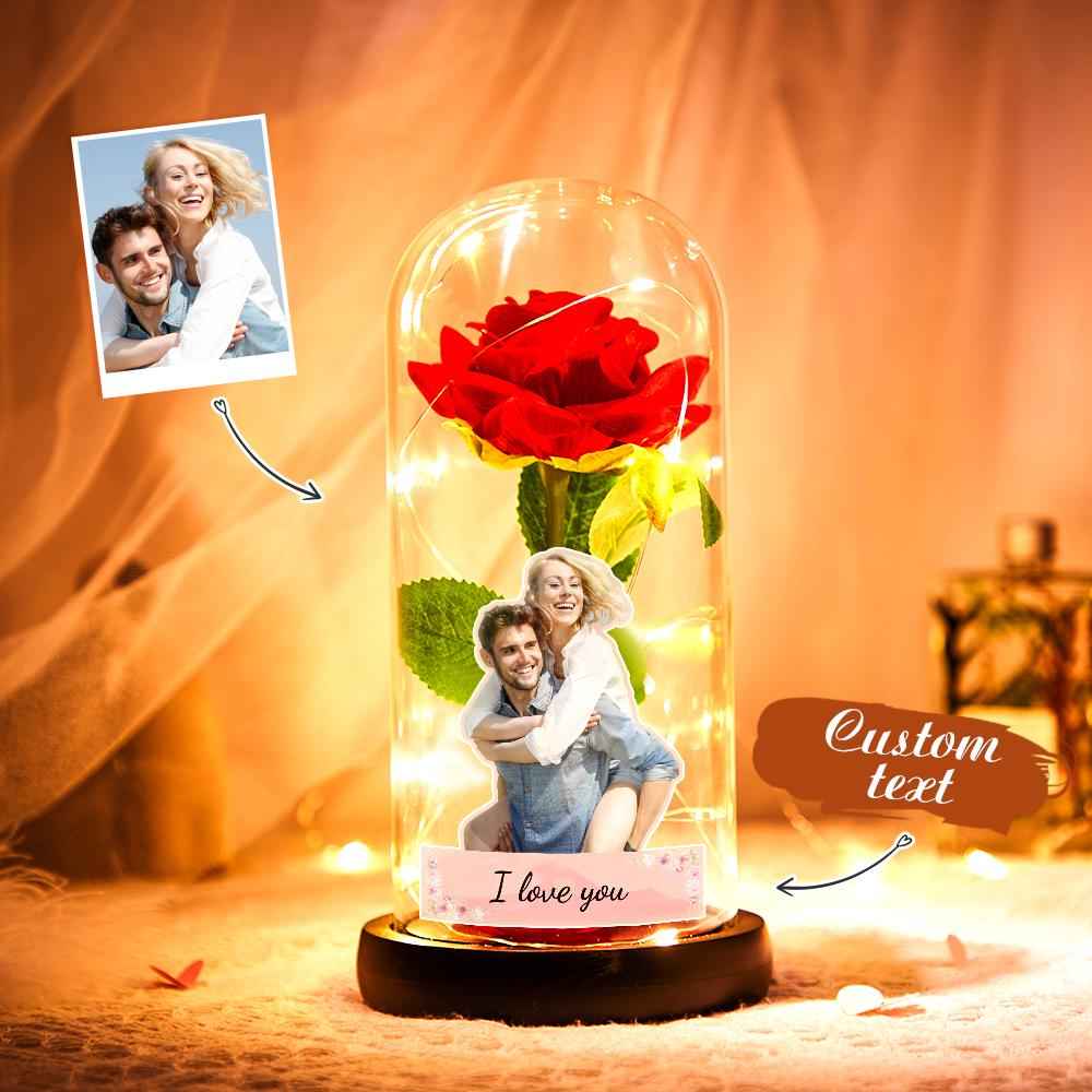 Custom Photo Text Eternal Rose Flower Glass Cover LED Night Light Romantic Simulation Gift For Her Wedding Gift
