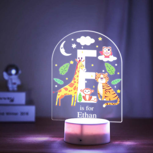 Personalised LED night light with engraved animal alphabet acrylic slide and custom name — colour‑changing nursery lamp