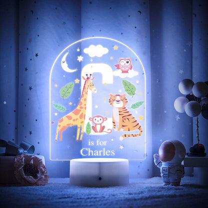 Engraved acrylic slide showing animal alphabet 'B' design with custom name example — personalised nursery light