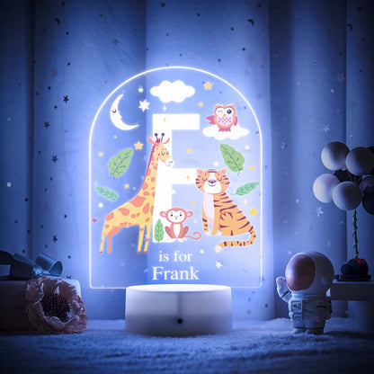 Engraved acrylic slide showing animal alphabet 'D' design with custom name example — personalised nursery night light