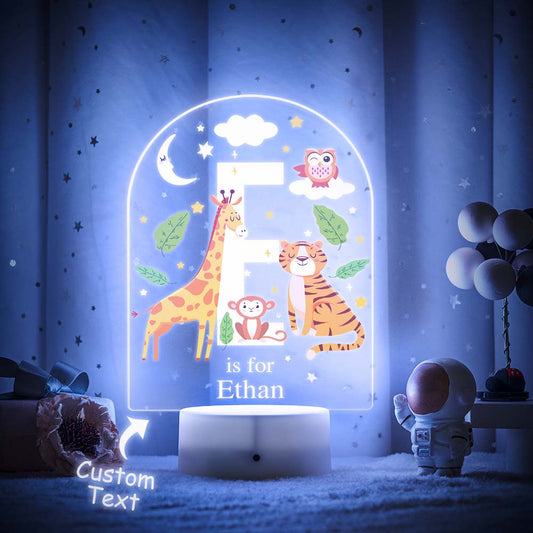 Personalised LED night light with engraved animal alphabet acrylic slide and custom name — colour‑changing nursery lamp