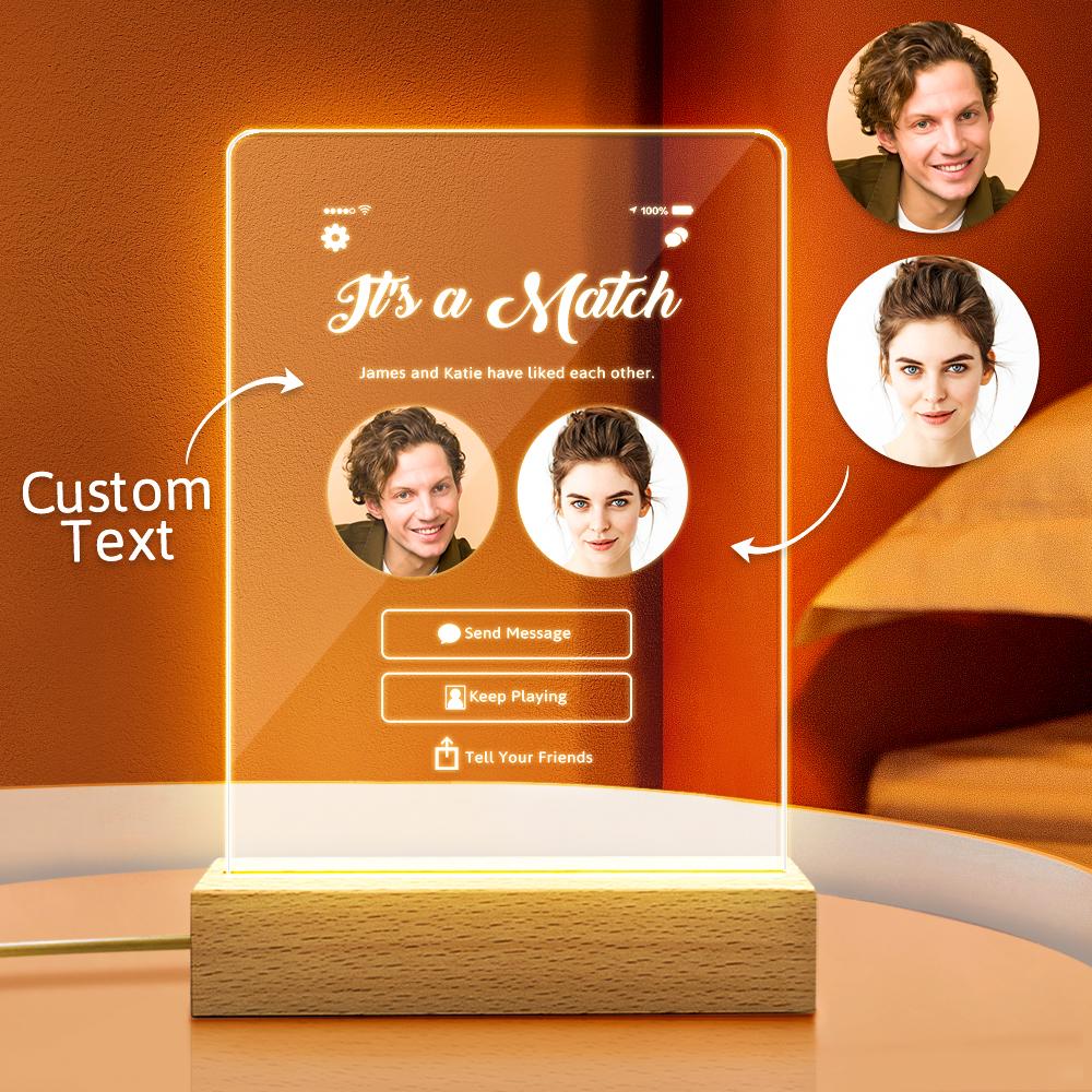 It's A Match Personalised Photo Night Light - Perfect Couples Gift With Custom Photos LED Lamp