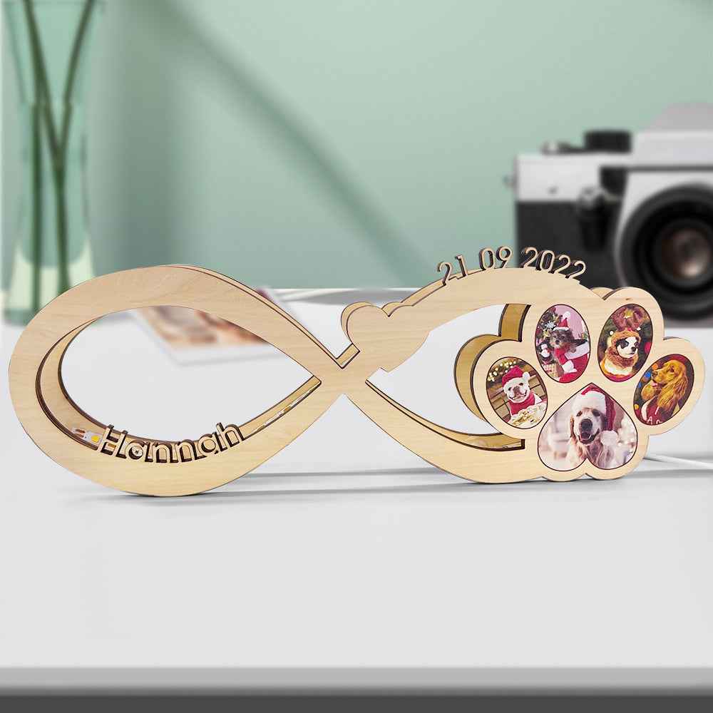 Custom Infinity Dog Paw Photo Light Personalized Engraved Name Wooden Night Light