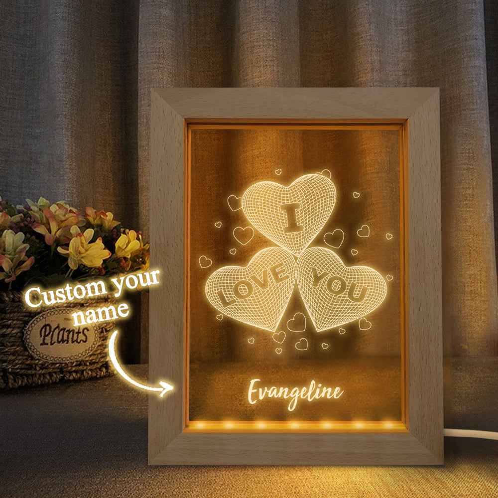 Personalized Wooden Frame Light I Love You 3D Three Hearts Night Light