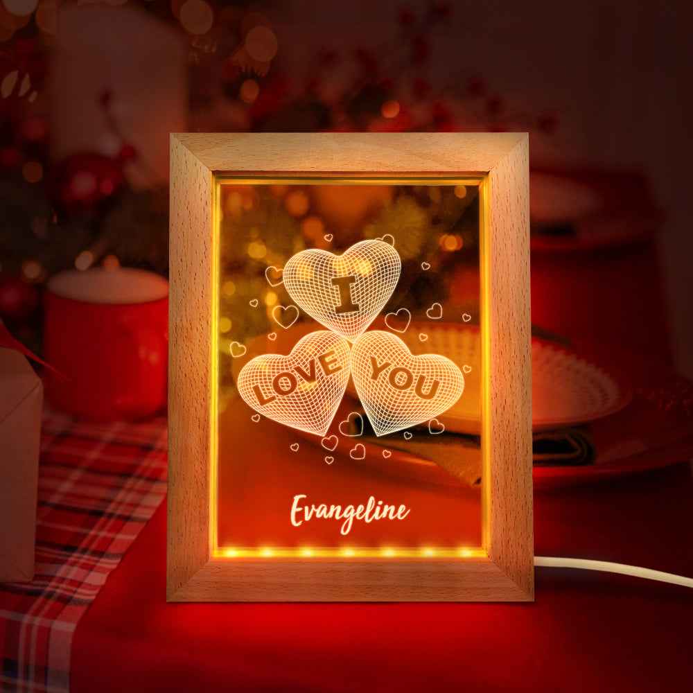 Personalized Wooden Frame Light I Love You 3D Three Hearts Night Light