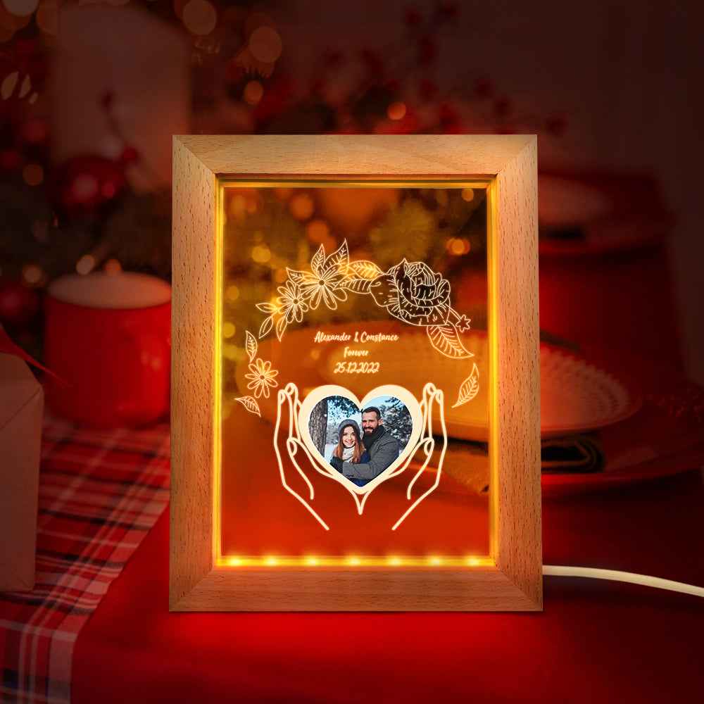 Personalized Night Light with Photo 3D Flower Wooden Frame Lamp