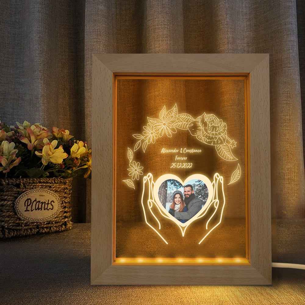 Personalized Night Light with Photo 3D Flower Wooden Frame Lamp