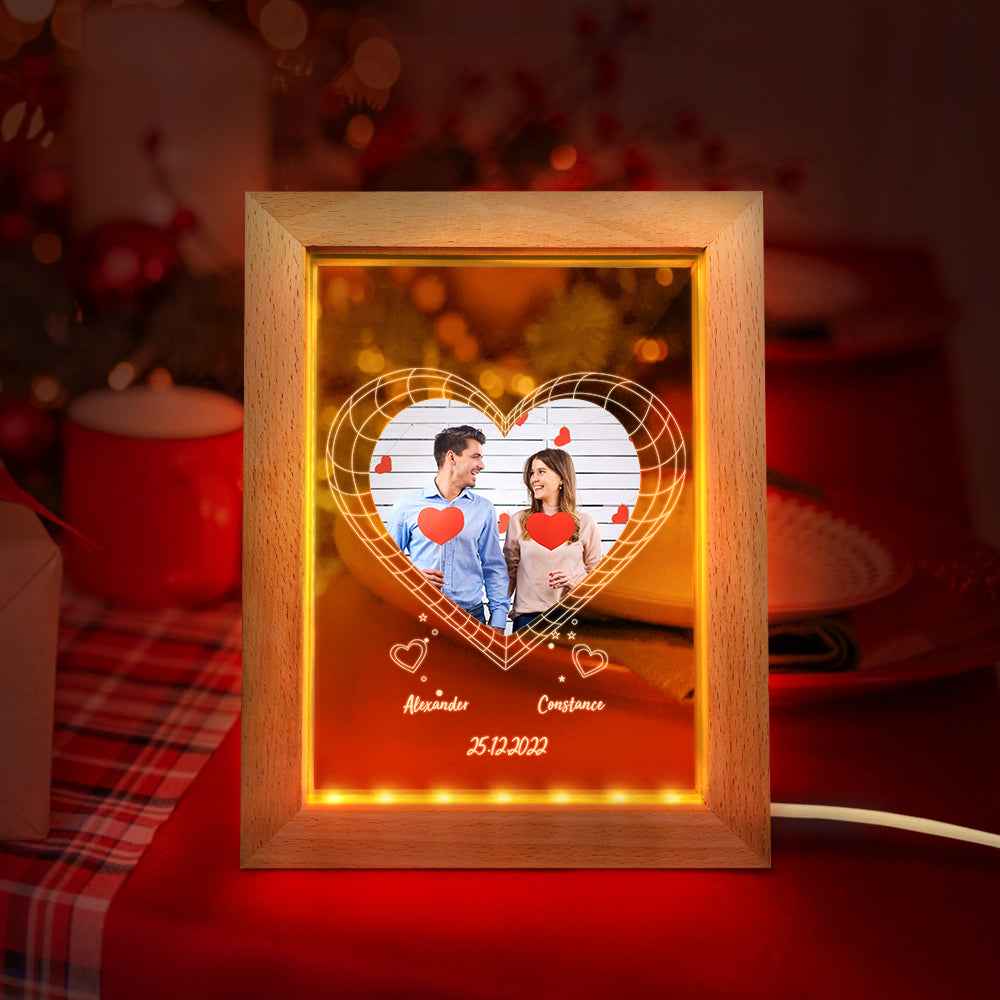 Custom Night Light Personalized 3D Heart Wooden Frame Lamp Valentine's Day Gift