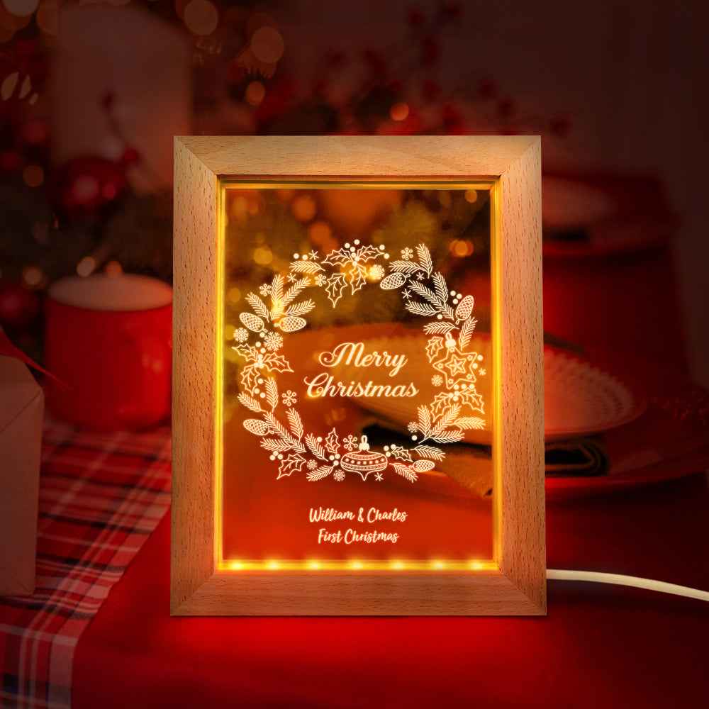 Custom Christmas Night Light Personalized 3D Christmas Wreath Wooden Frame Lamp Gift