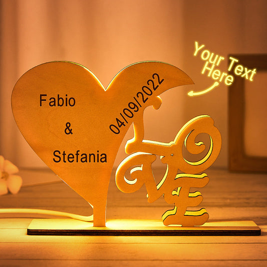 Personalised Heart Wooden Night Light - Custom Engraved Anniversary & Birthday Gift