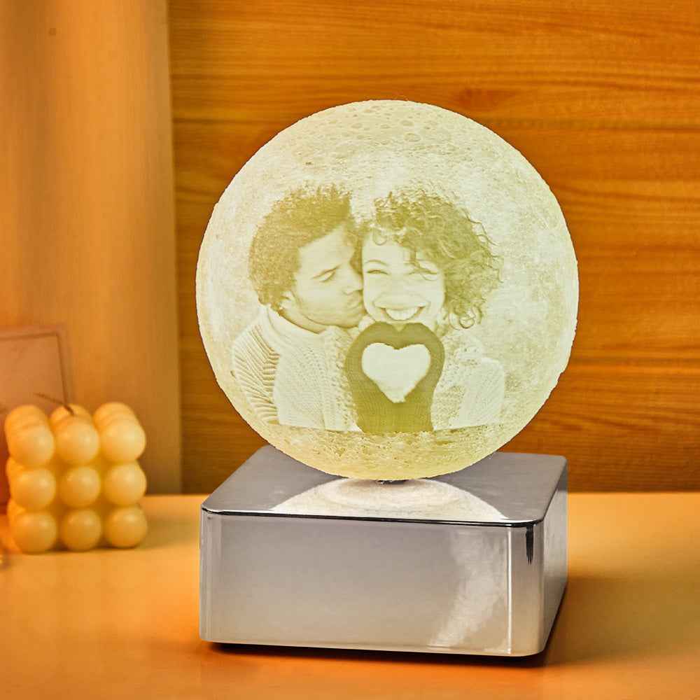 Personalised Photo Moon Lamp with Back Engraved Text For Couple Night Light with Bluetooth Silver Base