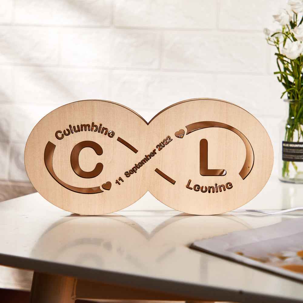 Custom Name and Date Infinity Love Sign Night Light with Initials Wooden Lamp for Lovers
