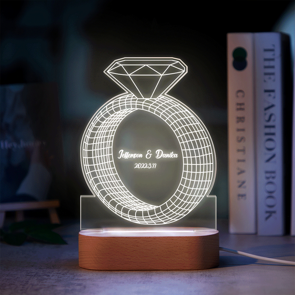 Personalised Text Diamond Ring 3D Night Light - Custom Acrylic Lamp | Anniversary Gift