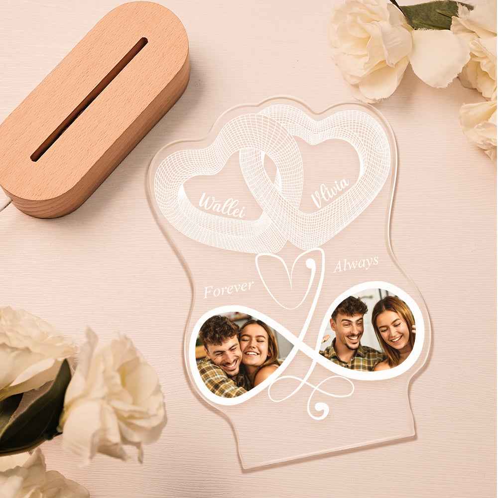 Infinity Symbol Love Custom Photo Acrylic Led Lamp, Personalised Plaque Valentine Gift For Wife, Anniversary Gift For Him, Heart In Heart