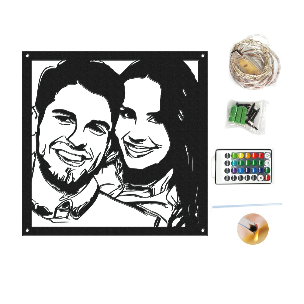 Personalised Couple Portrait Metal Wall Art with LED Lights | Unique Gift