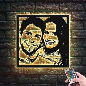 Custom Portrait Metal Wall Art Personalized Couple Photo LED Lights Decor Gift for Lover