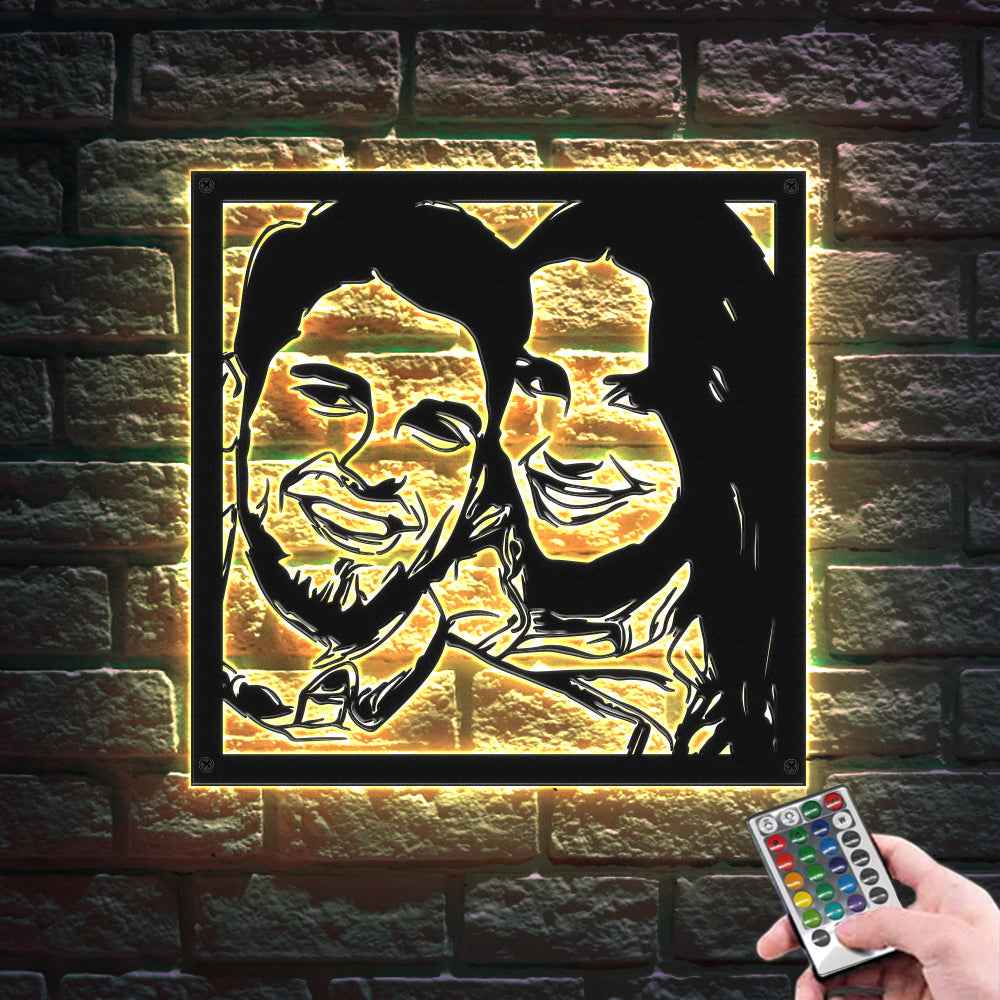Custom Portrait Metal Wall Art Personalized Couple Photo LED Lights Decor Gift for Lover