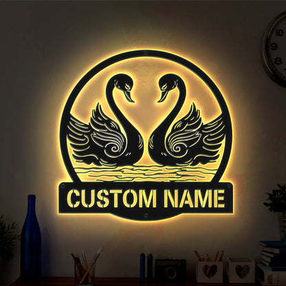 Personalised Swan Couple LED Light Sign - Custom Metal Wall Art Gift