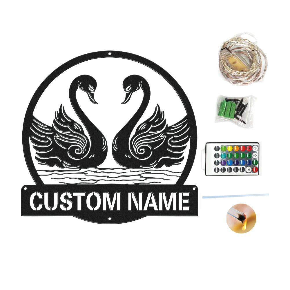 Personalised Swan Couple LED Light Sign - Custom Metal Wall Art Gift