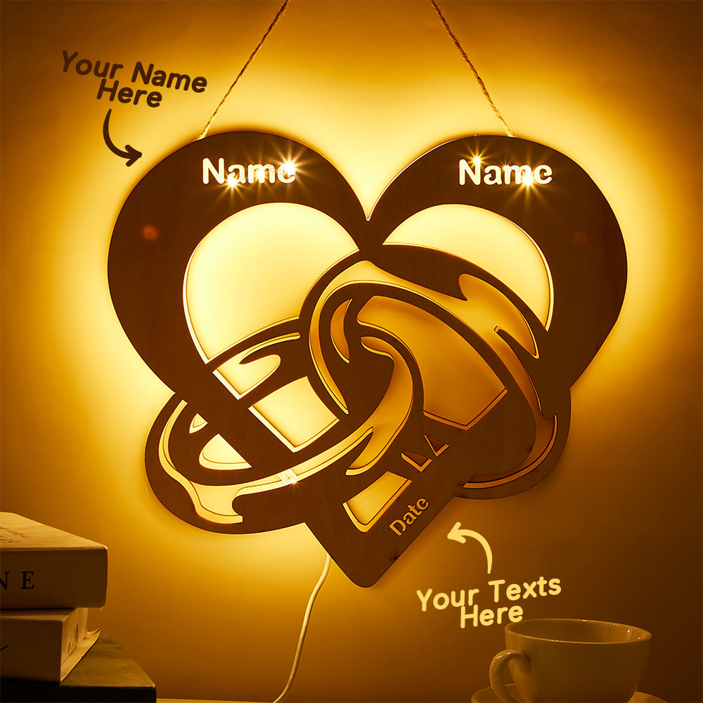 Personalised Wooden Night Light with Name & Date - Infinity Wedding Rings Lamp