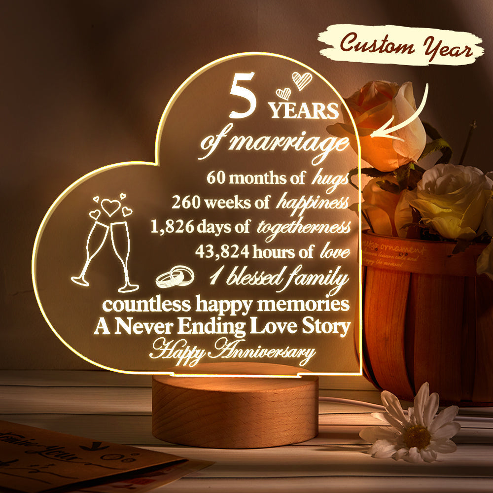 Personalised Anniversary Night Light - Heart Acrylic Lamp for Wife/Husband