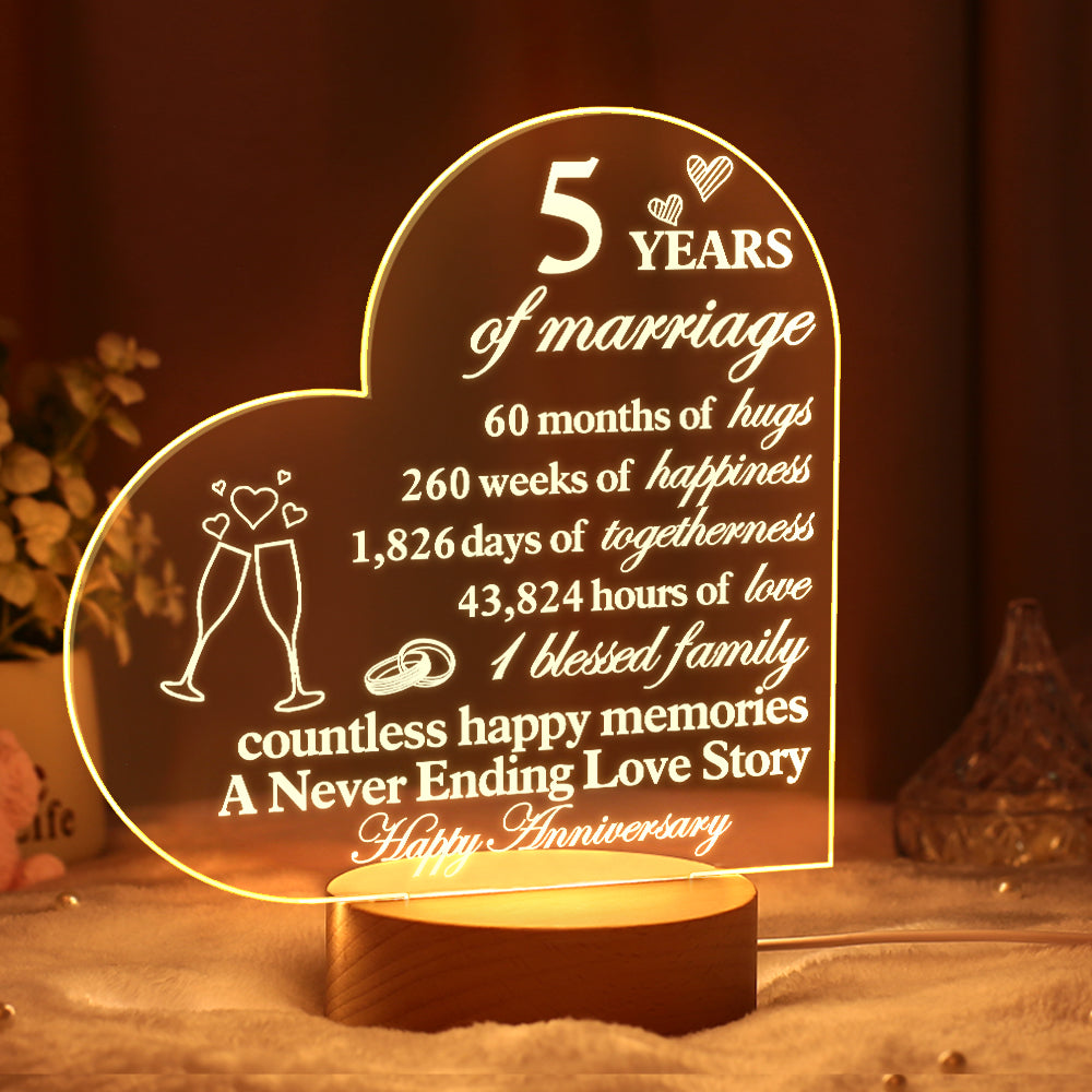 Personalised Anniversary Night Light - Heart Acrylic Lamp for Wife/Husband