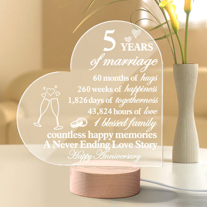Personalised Anniversary Night Light - Heart Acrylic Lamp for Wife/Husband