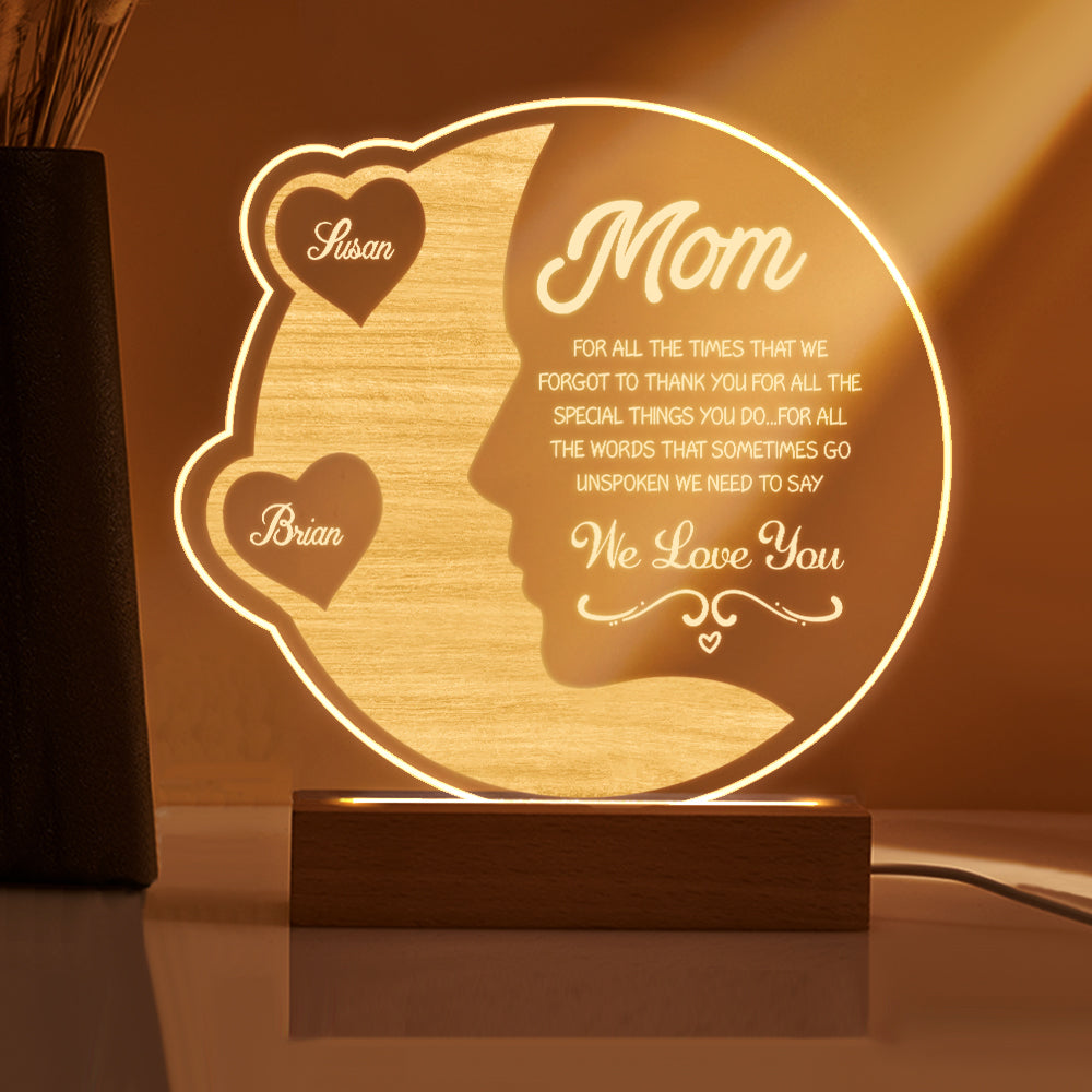 Personalised Engraved Crescent Moon Night Light - Custom Mother's Gift with Names