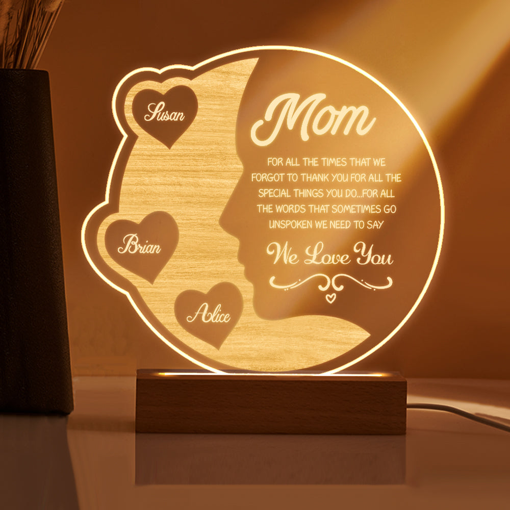Personalised Engraved Crescent Moon Night Light - Custom Mother's Gift with Names