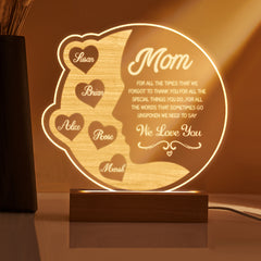 Personalised Engraved Crescent Moon Night Light - Custom Mother's Gift with Names