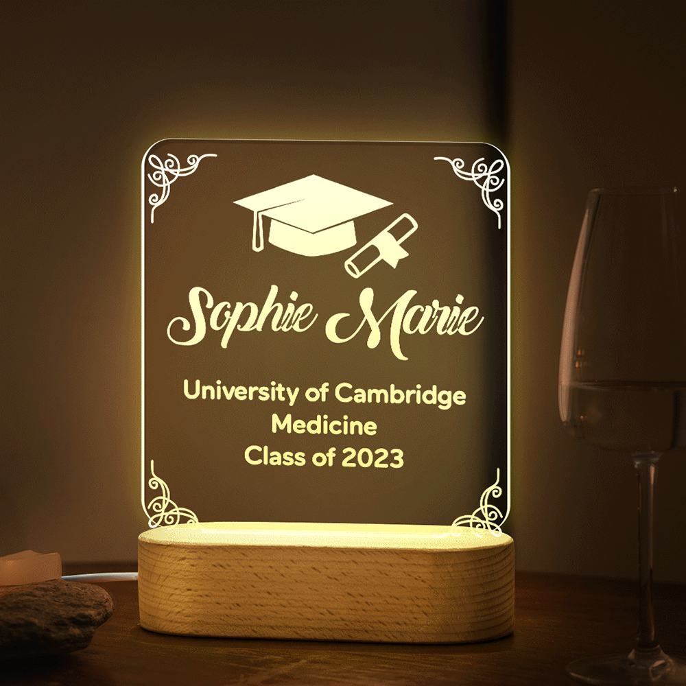 Personalised Graduation Lamp with Custom Text Wooden Base | Unique Gift