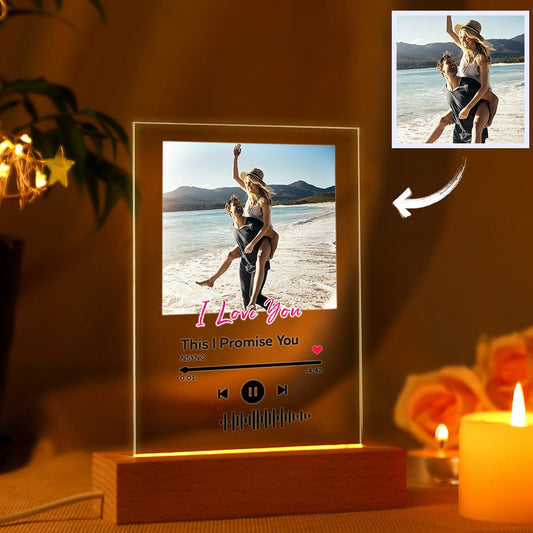 Personalised scannable music plaque and matching keychain night light in black acrylic with engraved QR code and 'I Love You' text