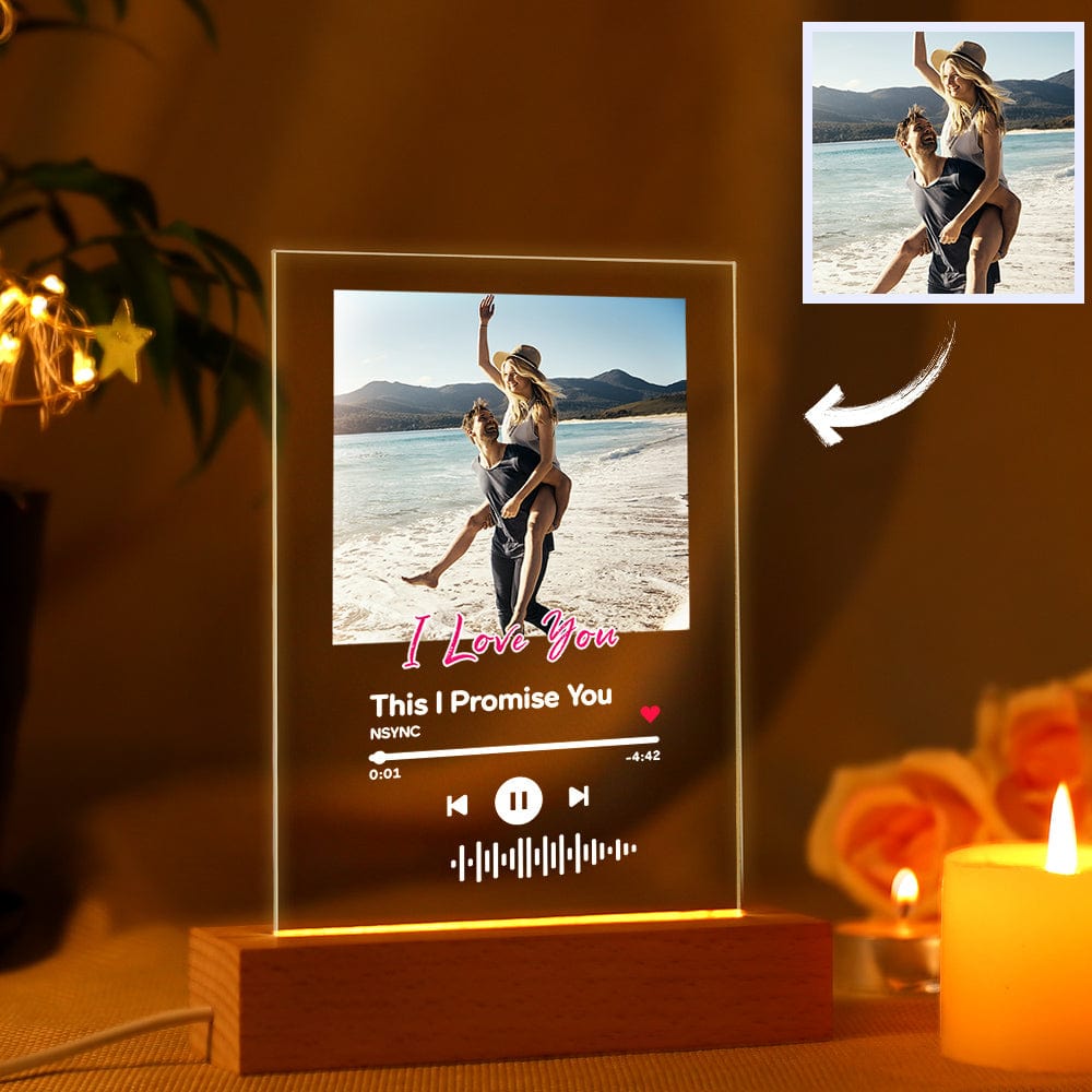 Close-up of personalised scannable music plaque on black LED base with clearly engraved scannable code
