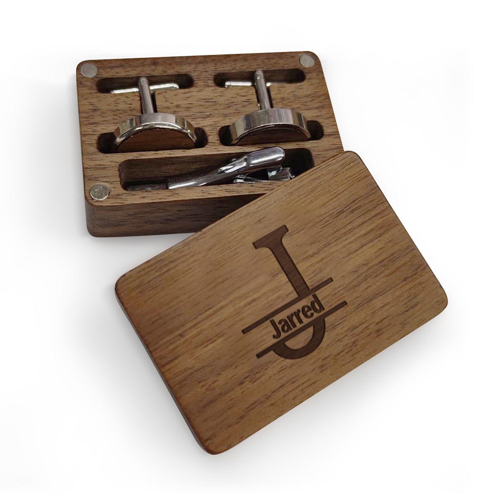 Personalised Wooden Cufflink Box Set with 2 Cufflinks & Tie Clip - Wedding Gift