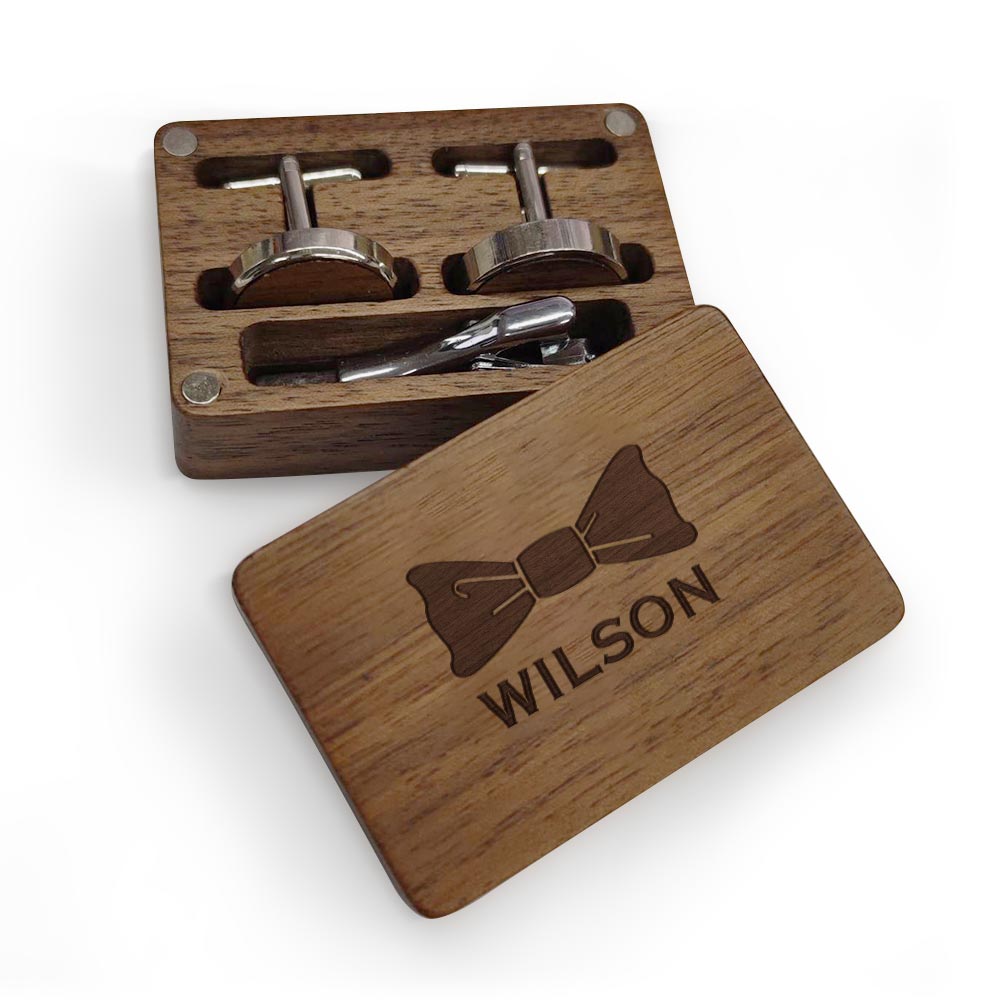 Personalised Wooden Cufflink Box Set with 2 Cufflinks & Tie Clip - Wedding Gift