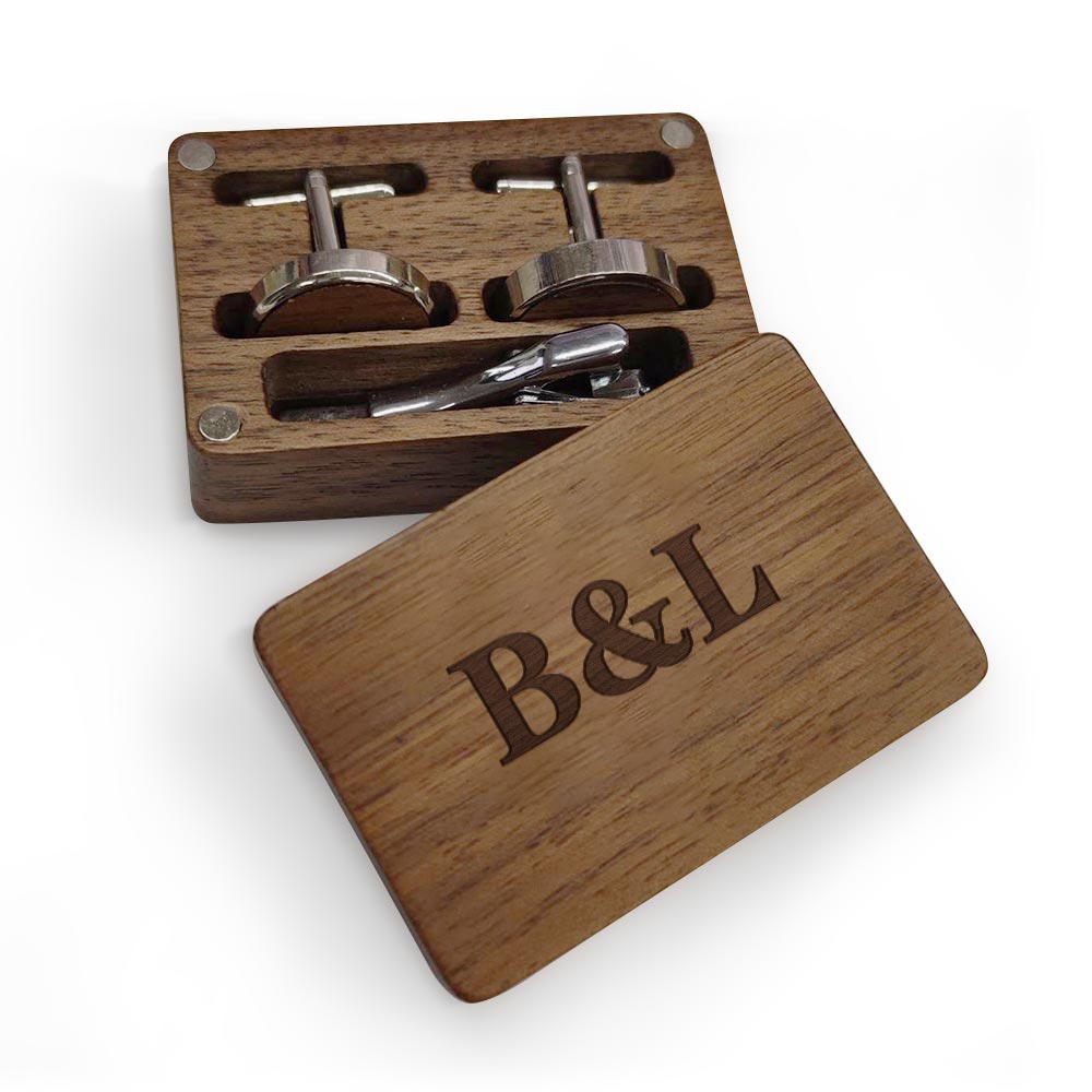 Personalised Wooden Cufflink Box Set with 2 Cufflinks & Tie Clip - Wedding Gift