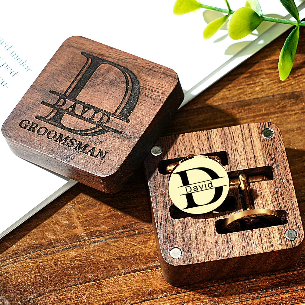 Personalised Engraved Cufflinks Set in Wooden Box | Wedding Gift for Groomsmen