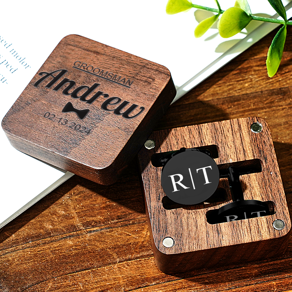 Personalised Engraved Cufflinks Set in Wooden Box | Wedding Gift for Groomsmen