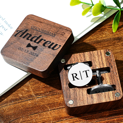 Personalised Engraved Cufflinks Set in Wooden Box | Wedding Gift for Groomsmen