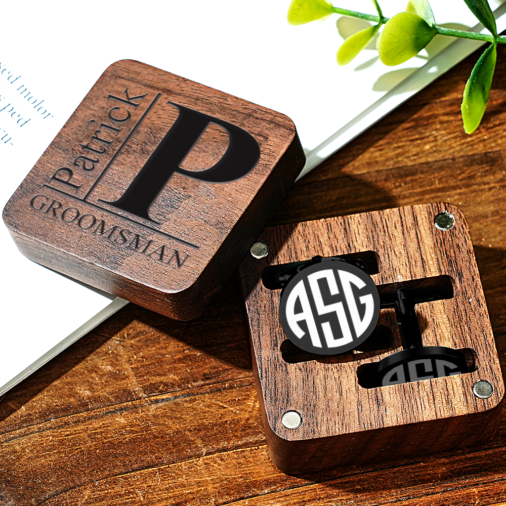 Personalised Engraved Cufflinks Set in Wooden Box | Wedding Gift for Groomsmen