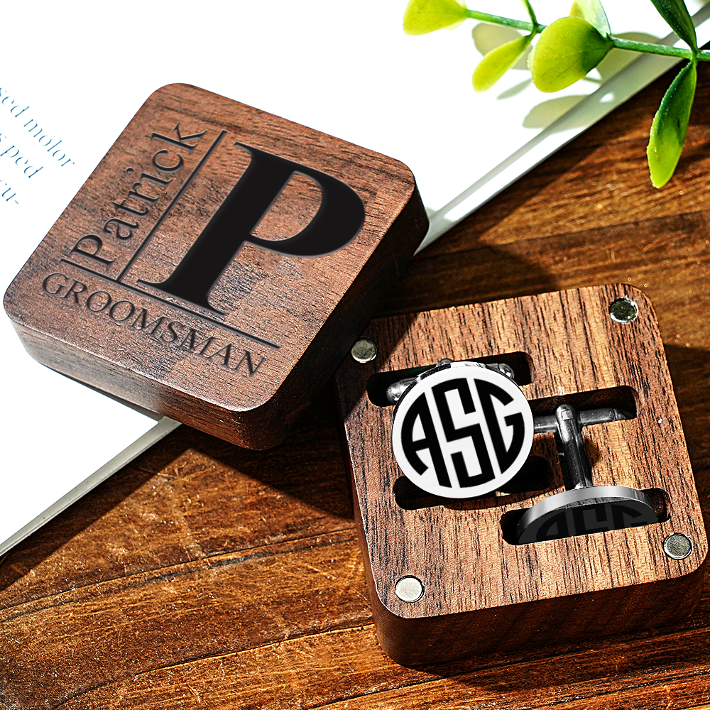 Personalised Engraved Cufflinks Set in Wooden Box | Wedding Gift for Groomsmen