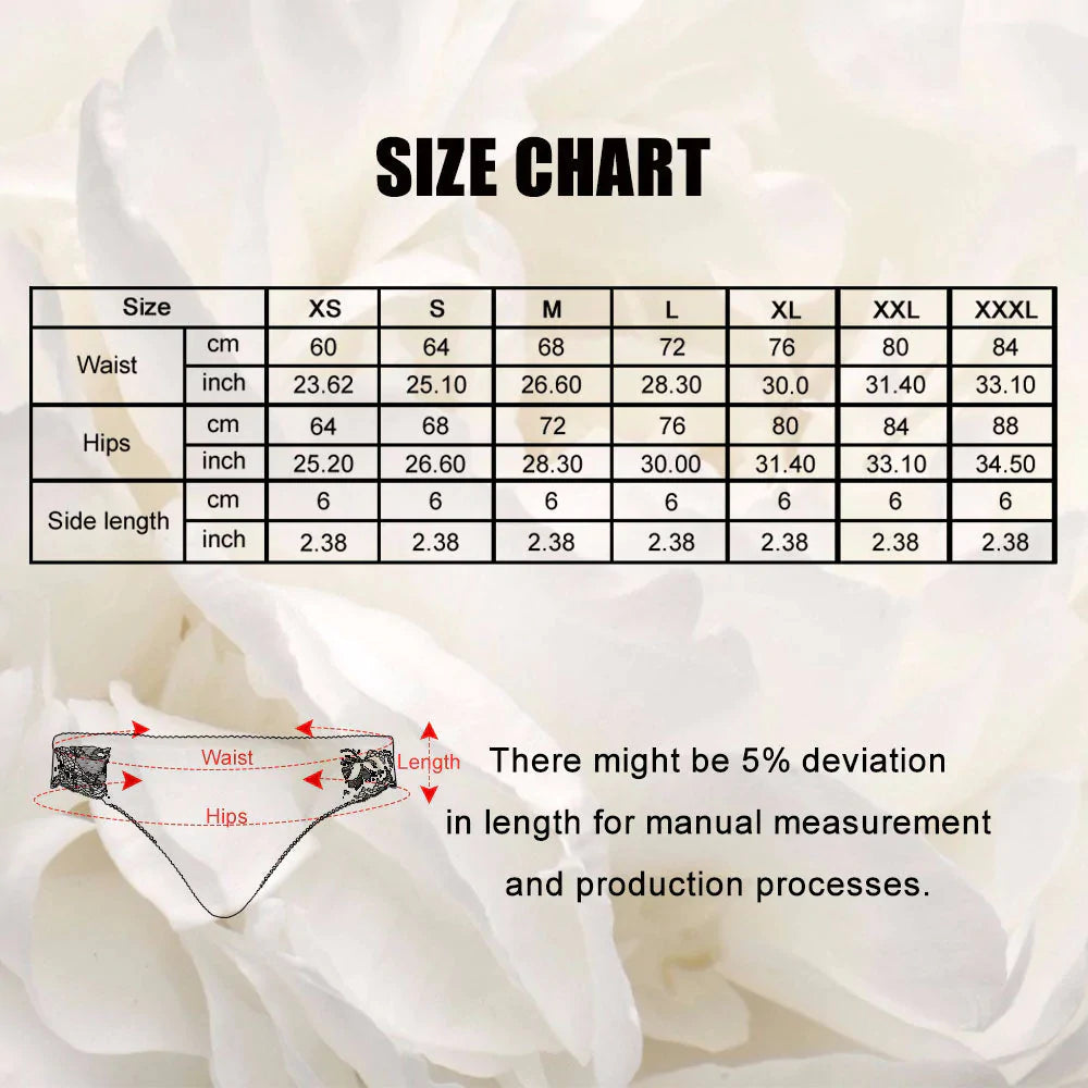 Detailed men's sizing graphic for personalised underwear showing waist ranges and size equivalents XS to 3XL