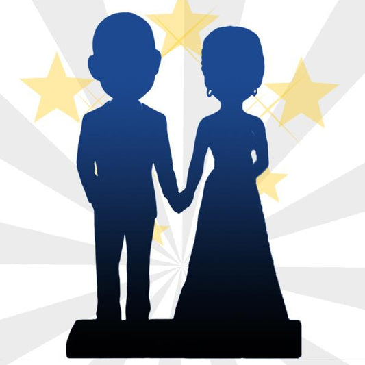 Front view of personalised 2‑person bobbleheads custom couple figurine, handmade polymer clay with customised faces and fixed body pose — ideal wedding or anniversary gift