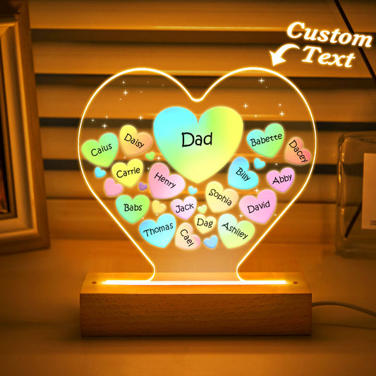 Personalised Engraved Family Heart LED Night Light - Custom Gift for Mum & Grandma