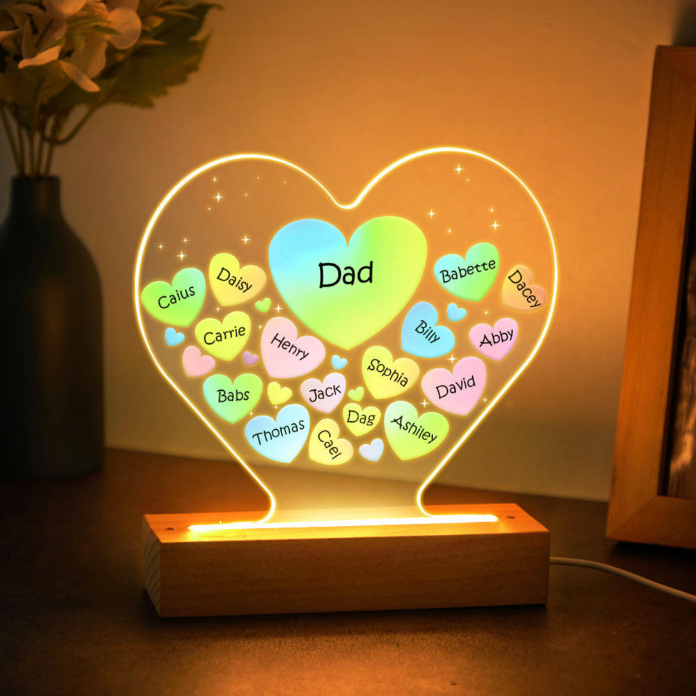Personalised Engraved Family Heart LED Night Light - Custom Gift for Mum & Grandma