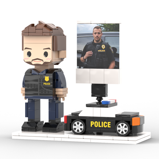 Front view of personalised full-body brick-style police figure — custom mini figure gift for birthdays, Valentine’s and Father’s Day